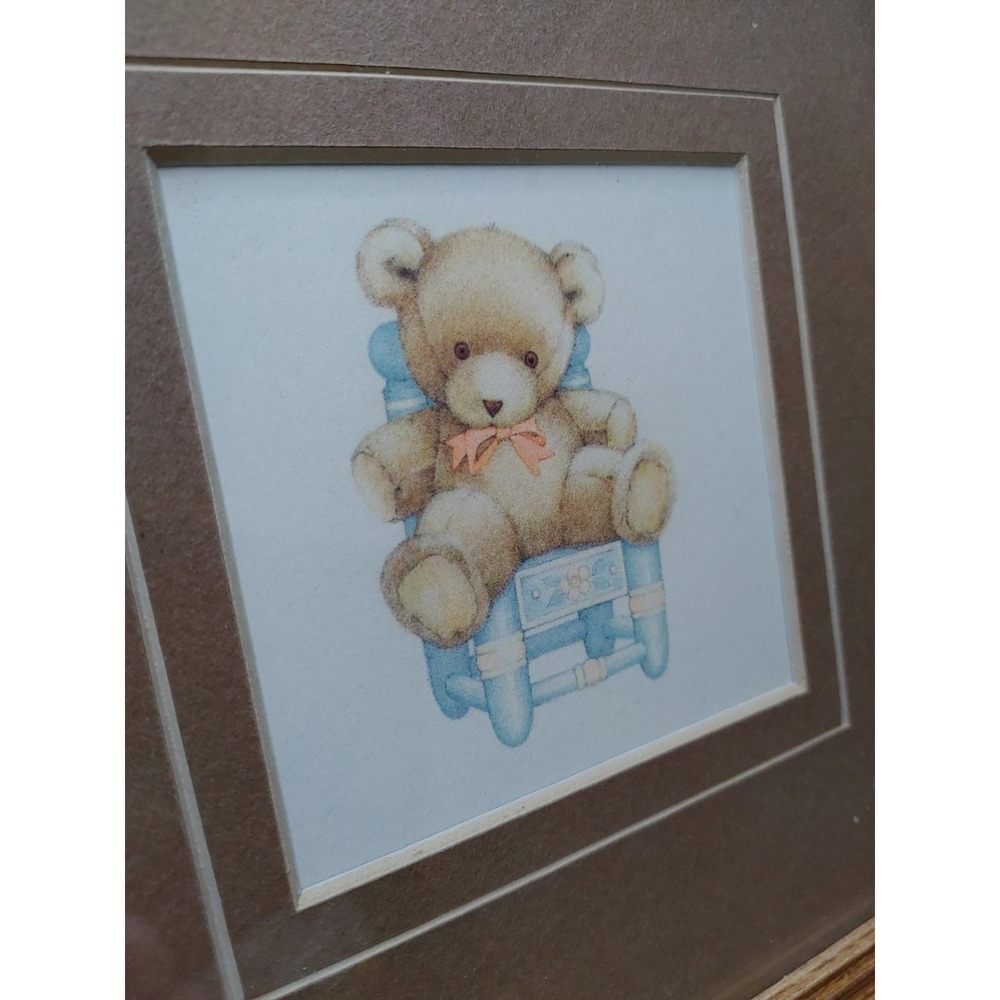 Vtg Wooden Framed Teddy Bear Rocking Chair Print Cottage Nursery Country Decor